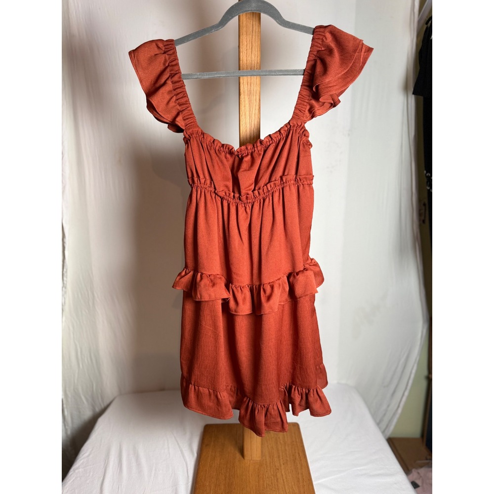 WeWoreWhat Ruffle Tiered Mini Dress Rust Terracotta Smocked Back Tie Size S